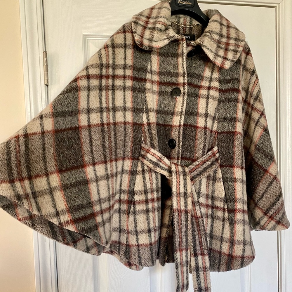 🍁Like New🍁 Ellen Tracy Cape Jacket Neutral Wool-blend Plaid (M)